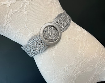 X-Long Belt, Plaited Belt, Hand Made Silver Grey Slider Belt. 4cm Wide Faux Leather, UK Size 10-18