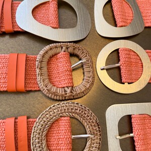 Coral Orange Boho Raffia Elasticated Belts, Fashionable Vintage Belts, Natural Raffia Belts, UK 6-20 Eco Friendly Belts 8 Buckles 15 Colours image 4