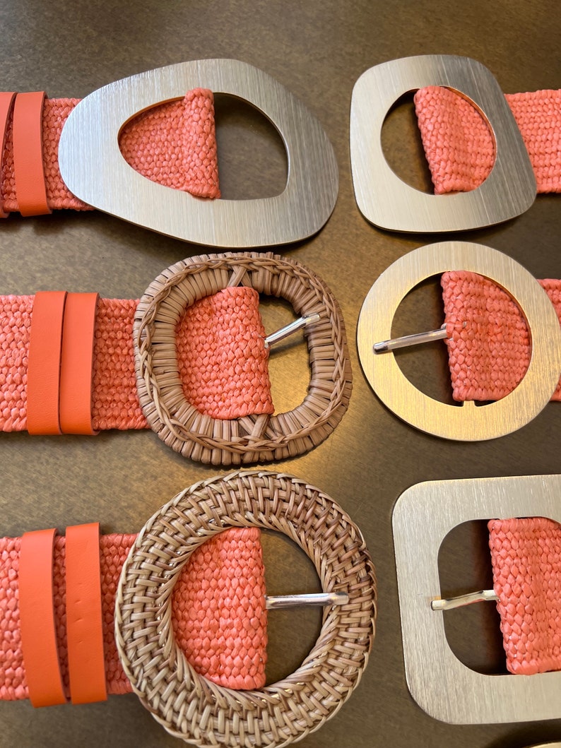Coral Orange Boho Raffia Elasticated Belts, Fashionable Vintage Belts, Natural Raffia Belts, UK 6-20 Eco Friendly Belts 8 Buckles 15 Colours image 4