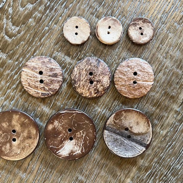 6pcs par paquet, boutons de noix de coco naturelle, 3 tailles de boutons de noix de coco, 20mm, 28mm, 36mm