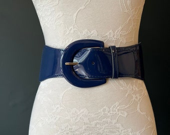 Elastic Belt, Navy Patent Stretch Belt, Classic Belt Design, UK Sizes 8-16