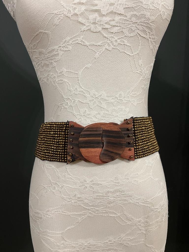 Vintage hand beaded belt with elastic waist band and wooden clasp Belt, Handmade, Bohemian Elastic Belt, Hippie Elegant Belt  main image 4