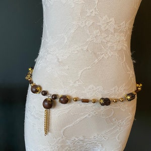 X-long Belt, Boho Style Bead Belt, Gold Brown Wood Bead Belt, Light weight, Chain Fringe Belt, Teen Sizes, 18”-60”