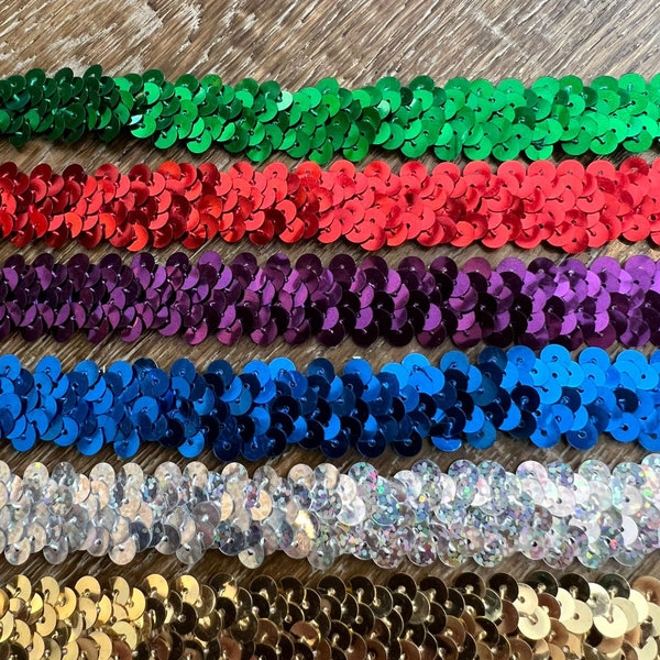 18mm Wide, Stretch Sequins Elastic, Elasticated Sequins Trim, Christmas Brown, Green, Red, Purple, Royal, Silver, Gold, Turquoise