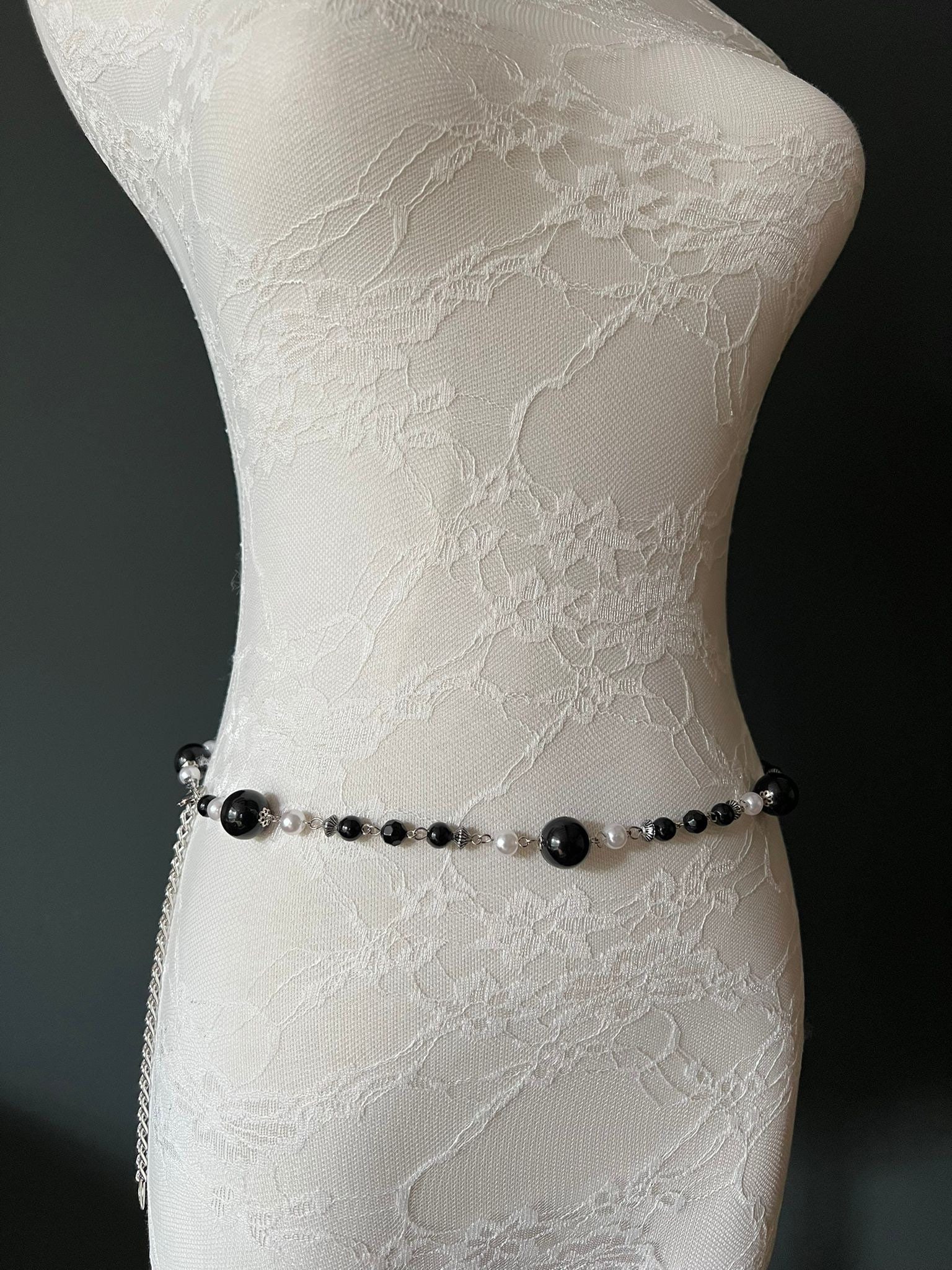 Gunmetal Black Cream Faux Pearl Clear Rhinestone Statement Waist Chain Belt pearl waist belt - TikTok Shop main image 3