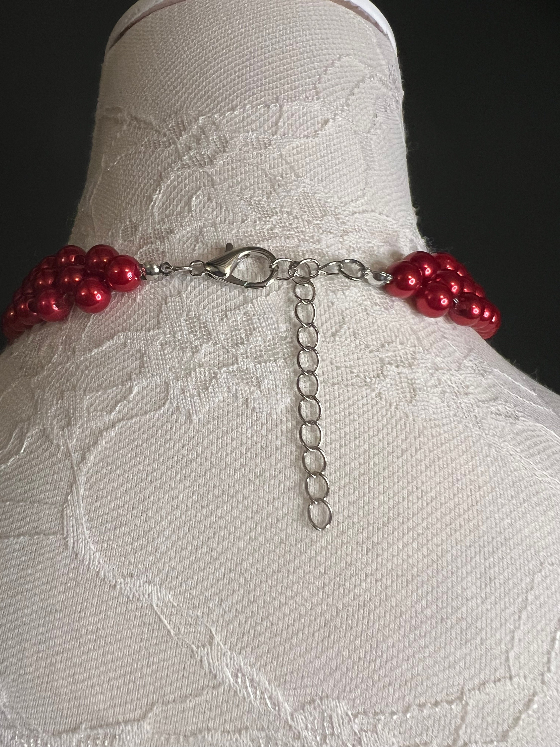 レッドパールビーズネックレス＆イヤリングセット、ハンドメイド 