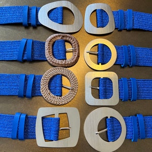 Royal Blue Boho Raffia Elasticated Belts, Fashionable Vintage Belts, Natural Raffia Belts, UK 6-20 Eco Friendly Belts. 8 Buckles 15 Colours