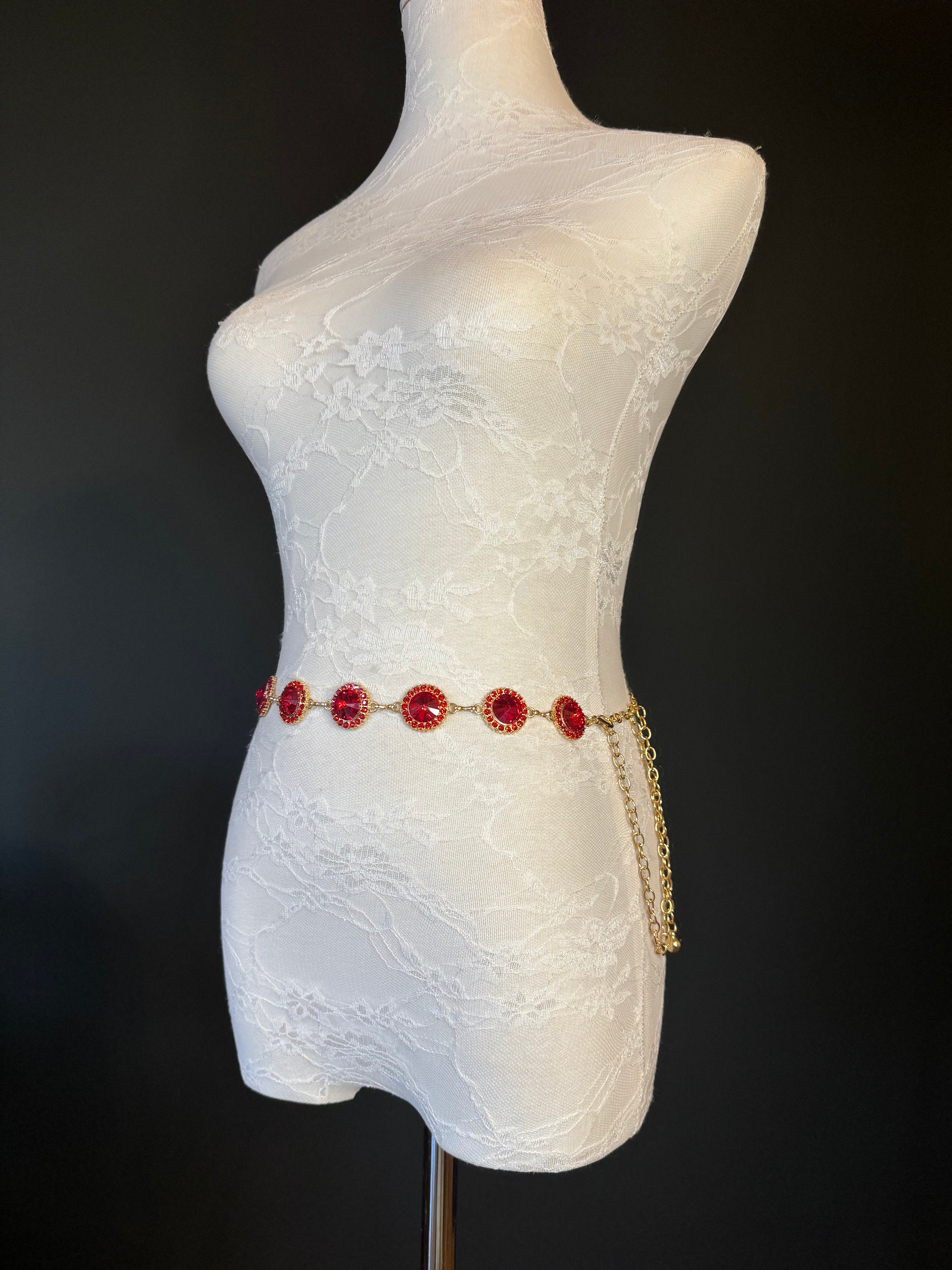 X-long Belt, Red Jewel Rhinestone Belt, Gold Chain Belt 