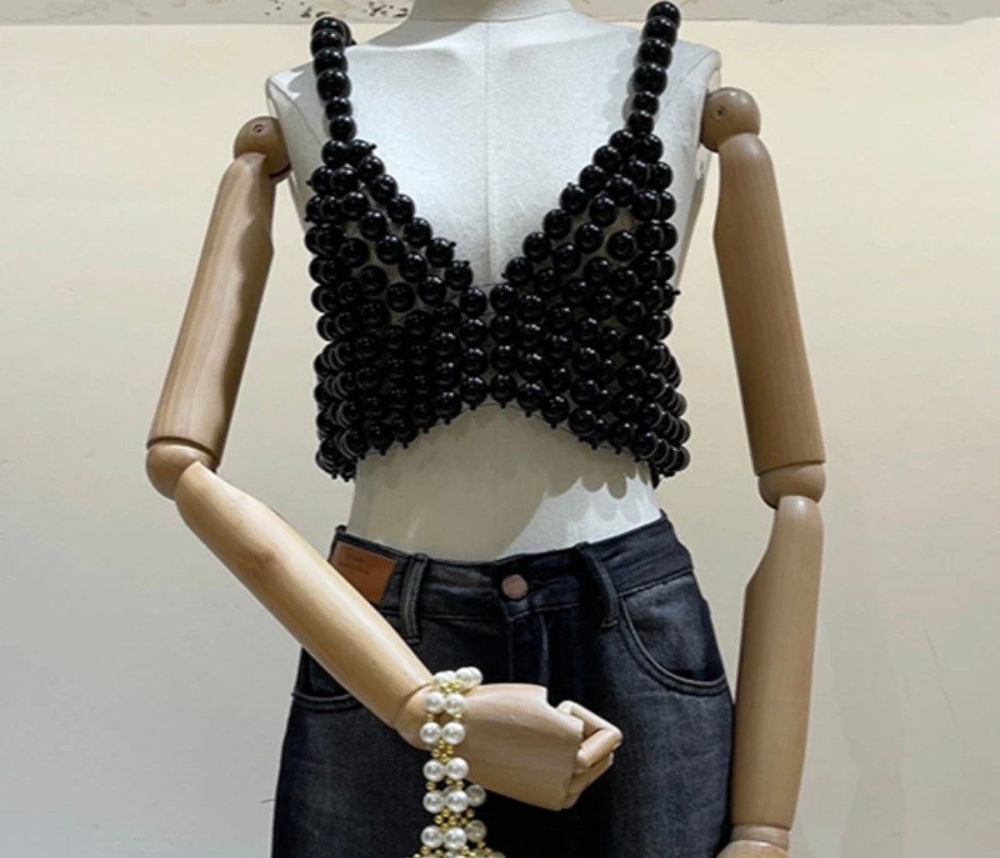 Hand-made Beaded Rhinestone Bustier Pearls Crop Top – SHE'SMODA