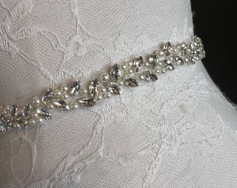 Wedding Belt, Bridal Belt, Sash Belt, Crystal and Pearl Rhinestone, White Ribbon