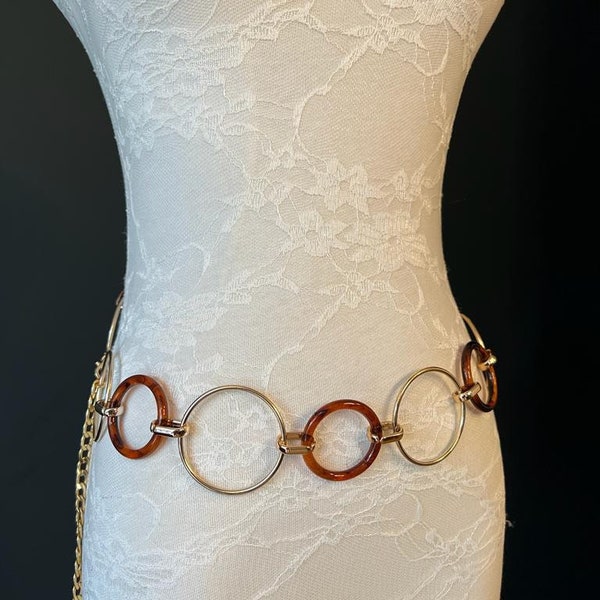 Cinturón de cadena con anillo dorado, detalle de carey, tallas de 18" a 60"