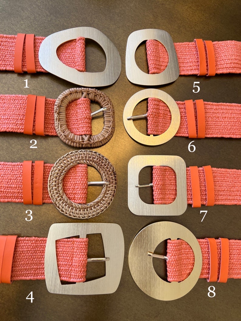 Coral Orange Boho Raffia Elasticated Belts, Fashionable Vintage Belts, Natural Raffia Belts, UK 6-20 Eco Friendly Belts 8 Buckles 15 Colours image 2