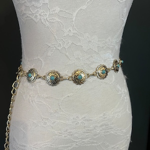 X-long Ring Belt, Metal Disc Belt, Teen Sizes, UK Size 2-40, Fan Design, Fan Collection, Light Gold Finish, Turquoise Metal belt, Fashion