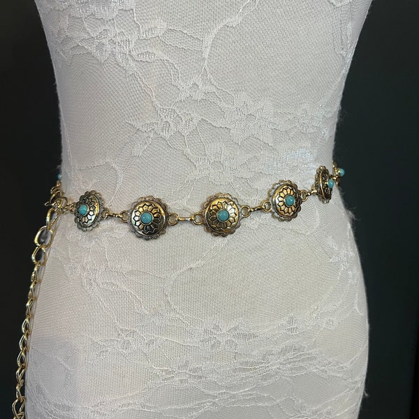 X-long Ring Belt, Metal Disc Belt, Teen Sizes, UK Size 2-40, Fan Design, Fan Collection, Light Gold Finish, Turquoise Metal belt, Fashion