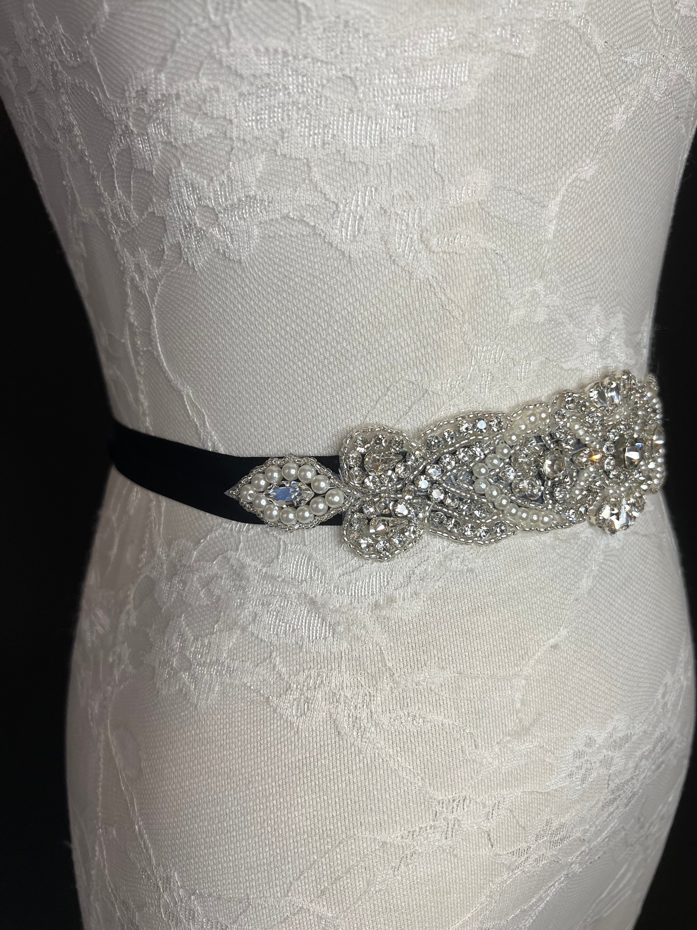 Stunning Bridal belt with black ribbon and a multitude of crystals. Dazzling Crystal Rhinestone Bridal Belt, Black Ribbon Sash  main image 3