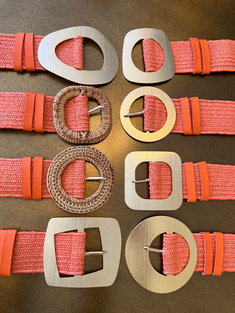 Coral Orange Boho Raffia Elasticated Belts, Fashionable Vintage Belts, Natural Raffia Belts, UK 6-20 Eco Friendly Belts 8 Buckles 15 Colours image 1