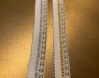 Handmade Ivory Woven Tape, Pearls and Chain Beaded Trim