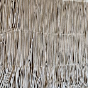 May include: White fringe trim with a woven edge. The fringe is approximately 2.5 cm long.