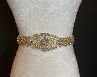 Wedding Belt, Bridal Belt, Sash Belt, Crystal Rhinestone with Gold Base, Ivory Ribbon