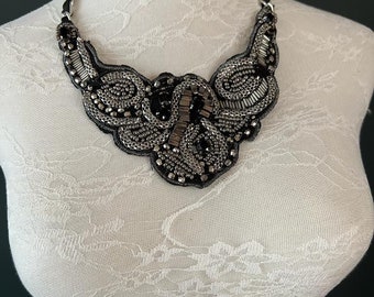 Necklace, Beaded Necklace, Handmade Bib Necklace, Black, Gunmetal, Chain