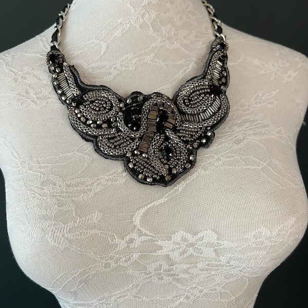 Necklace, Beaded Necklace, Handmade Bib Necklace, Black, Gunmetal, Chain