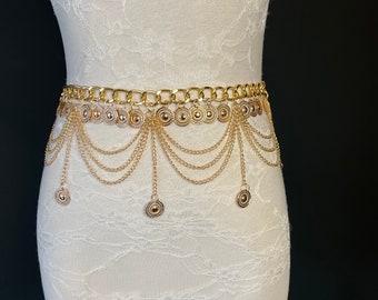 Belly Chain, UK Size 8-16, Gold Coin Detail 18-40 inch