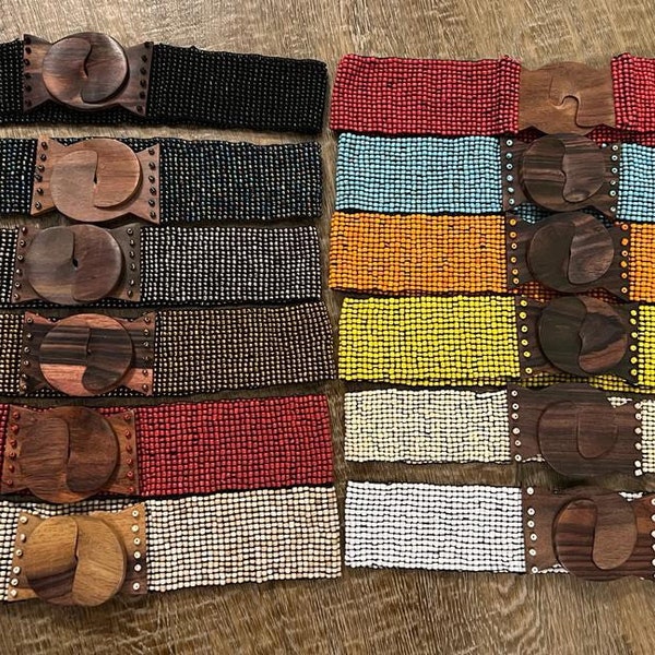 Belt, Handmade, Bohemian Elastic Belt, Hippie Elegant Belt, Ethically Made Belts, Wooden Belt, Stretchy Bead Belt, Fashion Belts