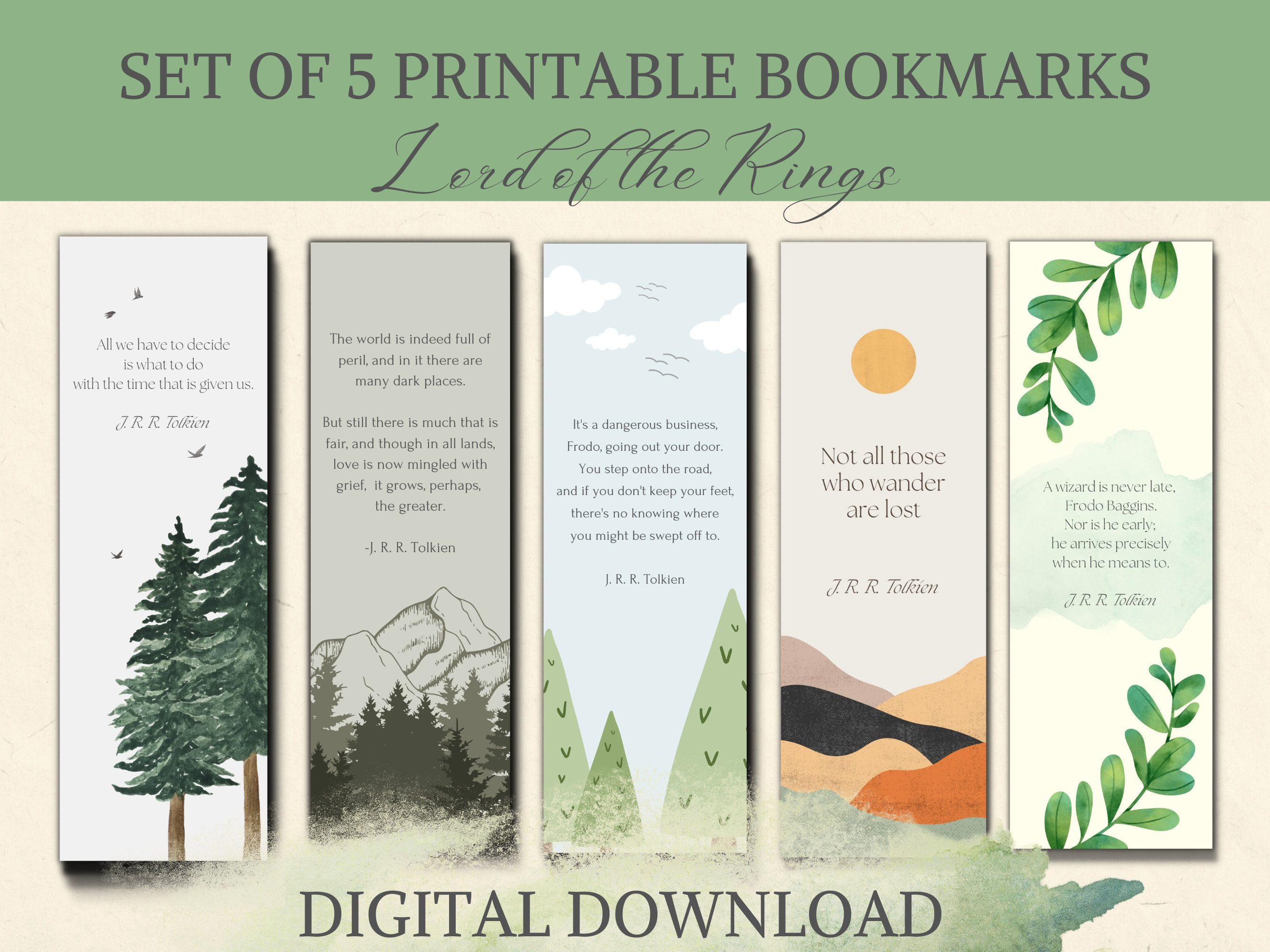 Tolkien Quote Bookmarks, Set of 5, Download & Print