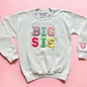 Sudadera con parche de chenilla para hermana mayor, sudadera con parche de letras con purpurina para hermana mayor, sudadera con cuello redondo para hermana mayor, camiseta para hermana