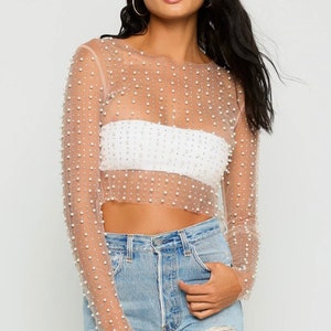 Luxury Faux Pearl and Sequin Embellished Long Sleeve Sheer Mesh Crop T –  Luxedress