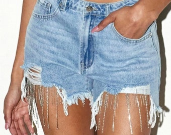 Rhinestone Fringe High Waist Denim Shorts, Women's Summer High Waist Tassel Jean Shorts, Festival Clothes, Rave Clothes, Cowgirl Clothes