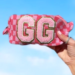 Personalized Chenille Patch Checkered Cosmetic Bag, Custom Patch Make Up Pouch, Bridesmaid Gifts, Custom Gift, Personalized Teacher Gift