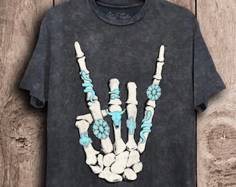 Western Rock On Skeleton American Rodeo Shirt, Camiseta gráfica de vaquero, Camisa Howdy de colores cómodos, Camisa de vaquera occidental de talla grande para mujer