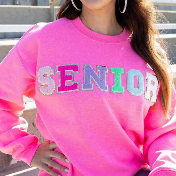 Senior Chenille Patch Sweatshirt, Senior Varsity Glitter Letter Shirt, Sweatshirt for Senior