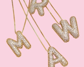 Pave Initial Bubble Necklace, Monogram Bubble Necklace, 14K Balloon Letter Diamond Initial Pendant