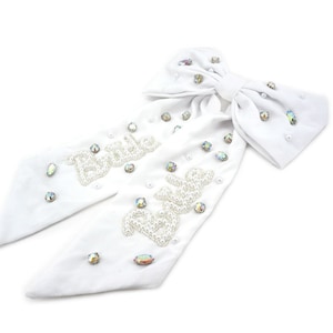 BRIDE Bow, Embellished Large White Bridal Bow, Pearl Rhinestone Bride Bow, Bridal Bow Veil