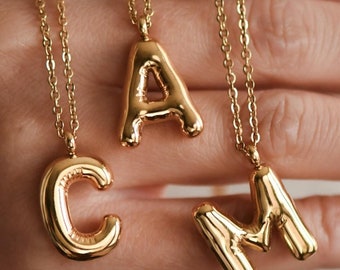 14K Gold Balloon Initial Necklace, Initial Bubble Necklace, Monogram Bubble Necklace, 14K Balloon Letter Initial Pendant