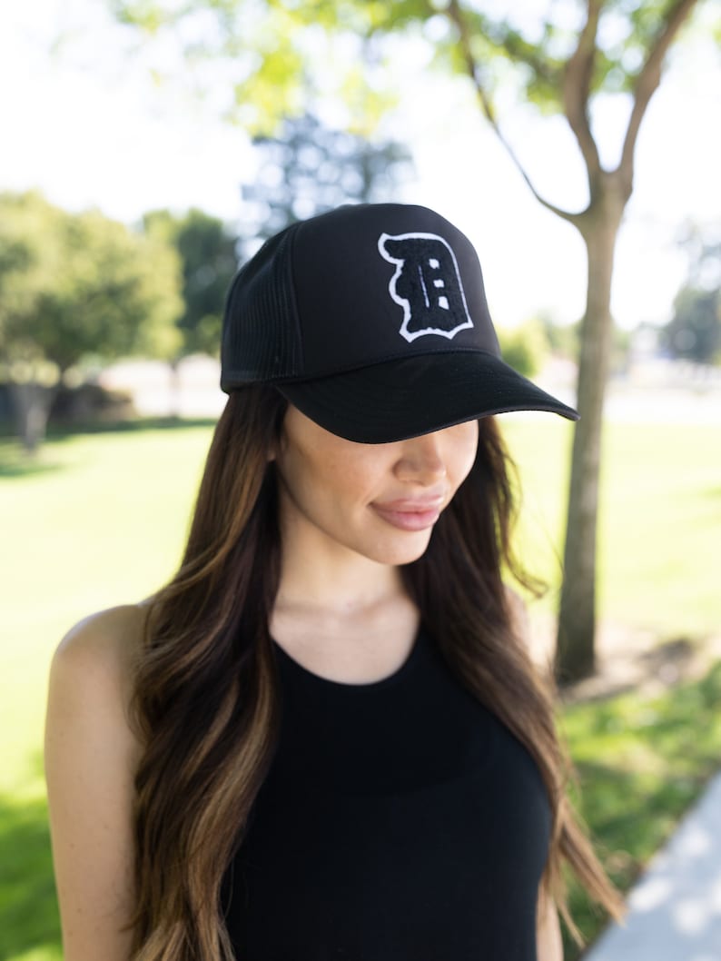 old english initial trucker hat custom monogram hat black and white gothic font initial hat gift for her otto trucker hat cute trucker hats