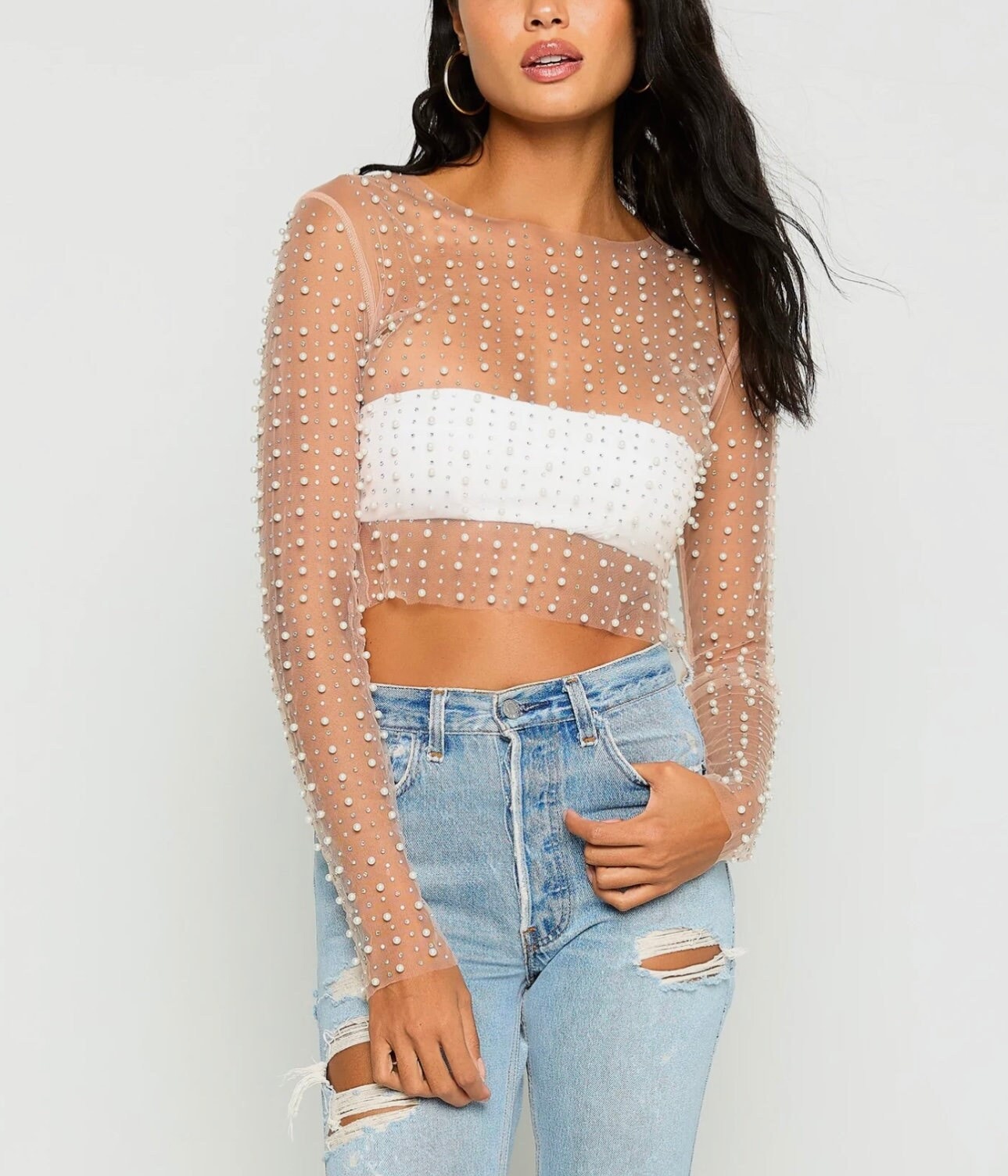 Full Pearl Embellished Sheer Mesh Top in Black Black M