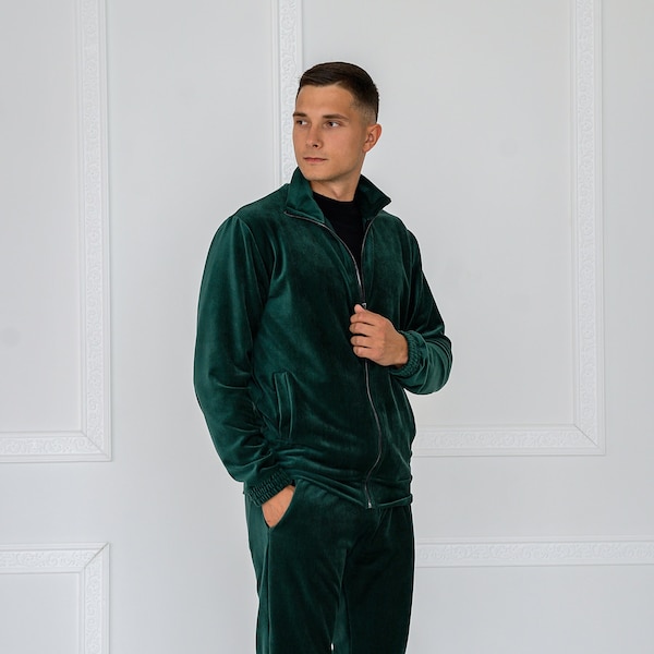 Velour Trainingsanzug, Velour Herren Freizeit Set, Streetwear, Velour Zweiteiler, Grün Gestreiftes Velour, 90's