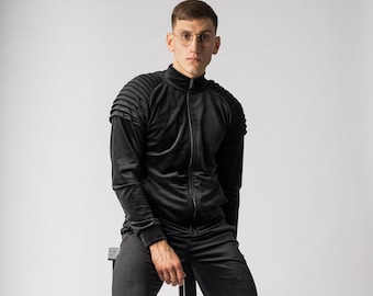 Velour Tracksuit, Mens Set, Black Velour , Exclusive design, Tracksuit for Mens, Decorated Sleeves, Two piece set