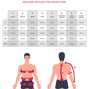 May include: Size chart for men's clothing with measurements in centimeters for chest, biceps, waist, hips, legs, sweater length, legs length, and sleeve length. The chart includes sizes S, M, L, XL, and XXL.