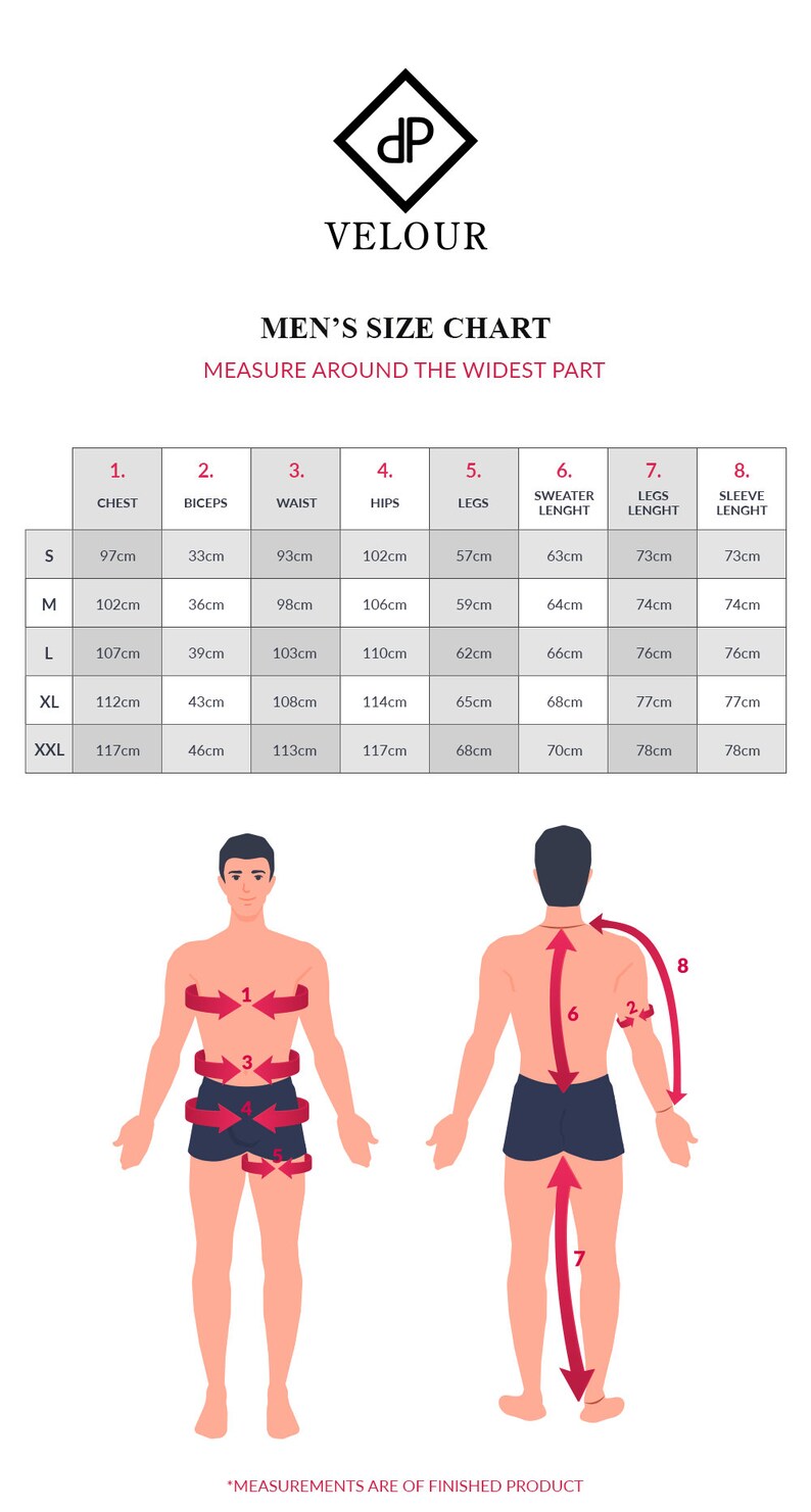 May include: Size chart for men's clothing with measurements in centimeters for chest, biceps, waist, hips, legs, sweater length, legs length, and sleeve length. The chart includes sizes S, M, L, XL, and XXL.