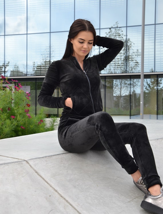 Black velour cheap tracksuit womens