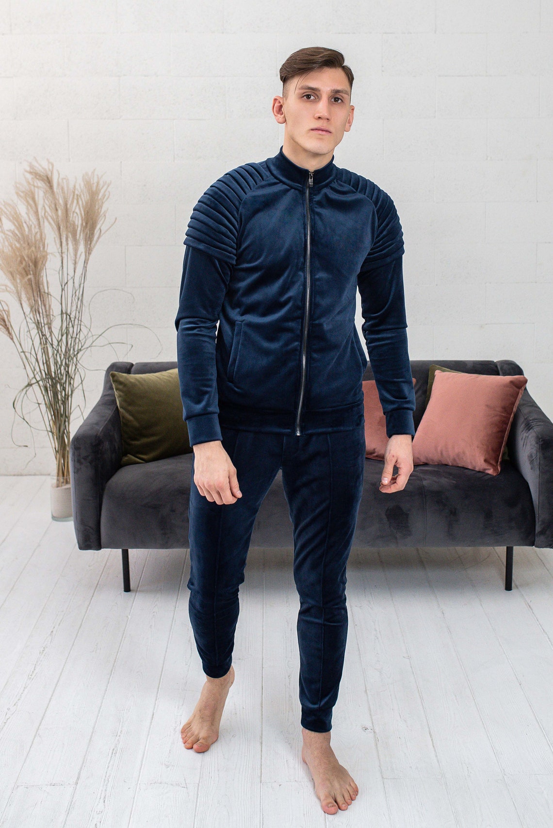 blue-velour-tracksuit-decorated-sleeve-athleisure-set-etsy