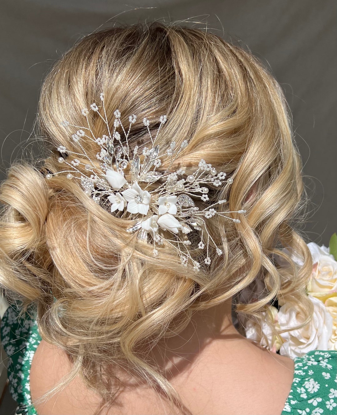 White large big pearl flower hair comb diamond cz Swarovski Crystals Pearl Diamond Ivory Floral Large Bridal  main image 3