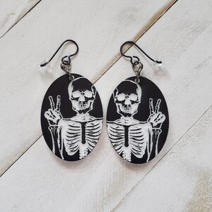 Skeleton Peace Sign Earrings, Acrylic Skeleton Dangle Earrings, Fun Spooky Halloween Jewelry, Cottagecore Goth Earrings, Gift for Her