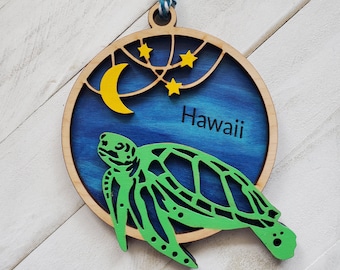 Honu Sea Turtle Personalized Ornament, 2 layer wooden hand-painted gift for beach lover, Hawaii Souvenir made with aloha in Hawaii