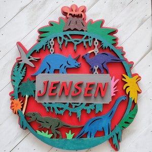 Dinosaur Personalized Wall Art, Children&#39;s Room Wall Decor, 2 Layer Wooden Personalized Dinosaur Sign