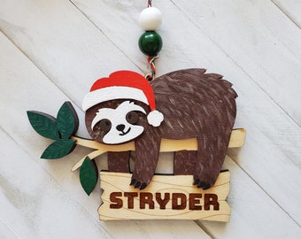Sloth Santa Hat Personalized Christmas Ornament, Sloth Children&#39;s Ornament, Gift for Son or Daughter, Gift for Sloth Lover